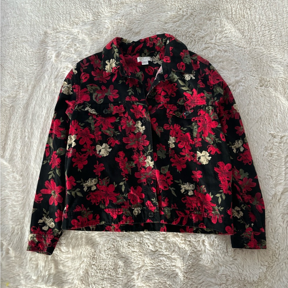 Christopher & Banks - Red and Black Floral Print Button Down Jacket